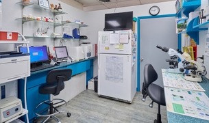 In-house laboratory with blood analyzers and microscopes